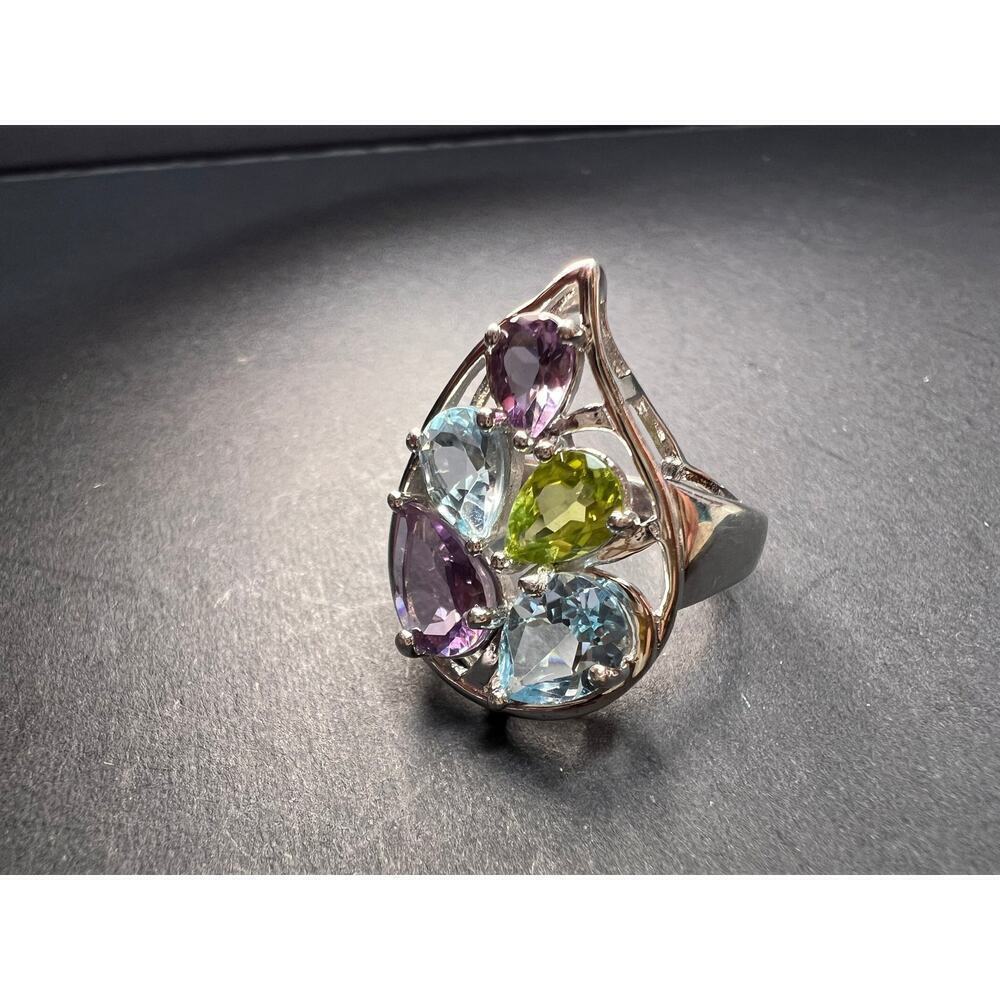 Vintage multi gemstone sterling silver cluster ring size 7 - Picture 2 of 16